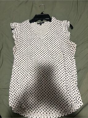 Adrianna Papell White Polka Dot V-Neck Ruffle Sleeve Top